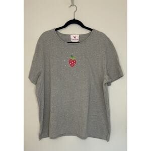 QUACKER FACTORY Gray Embroidered Cotton Strawberry Tee Shirt Top Womens 2X